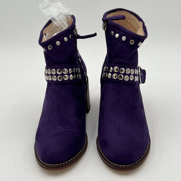 FOWT Purple V Cut Cowgirl Metal Rivet Studded Slide Zipper Block Heel Ankle Boot - Picture 3 of 6